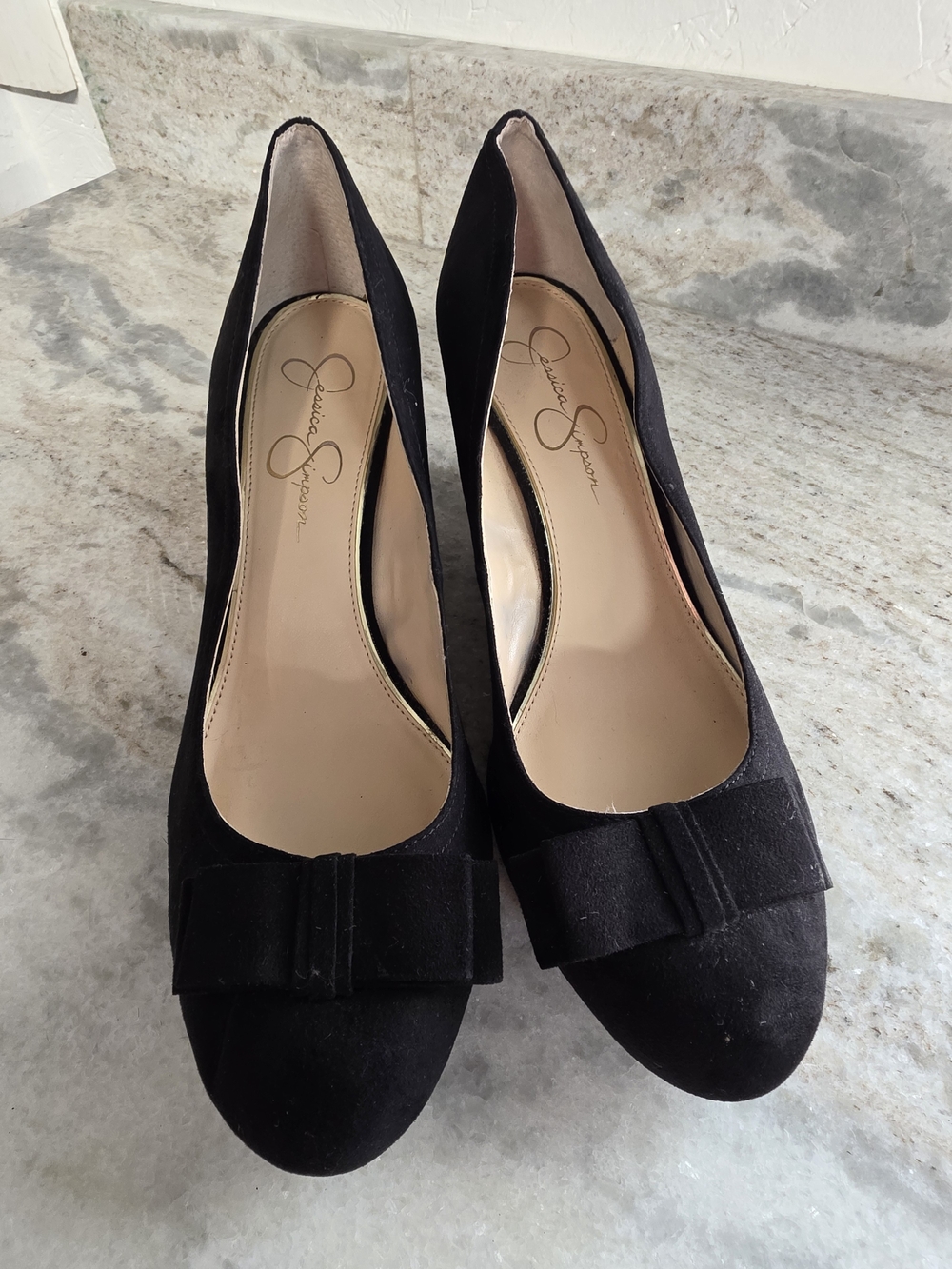 Jessica Simpson Black Suede Wedge Pumps with Bow